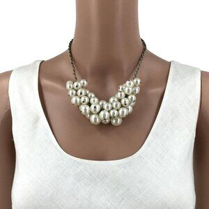 White Faux Pearl Cluster Necklace Silver Tone Chain Adjustable Length